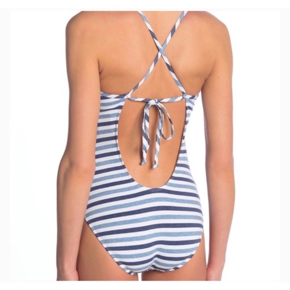 SPLENDID Blue/White Striped Open Back Swimsuit L - Picture 2 of 8